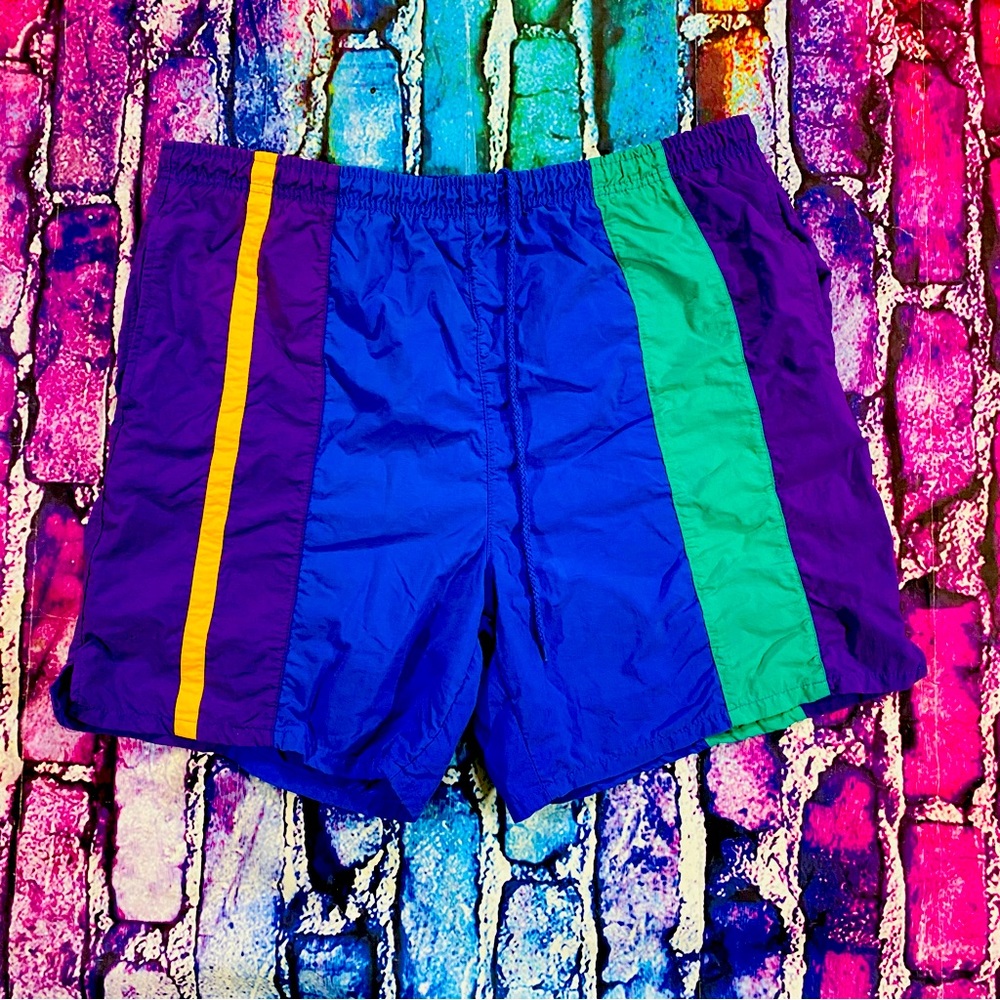 Vintage 90s Specialty Collection Men's sz L Retro Blue Colorblock Swim Trunks